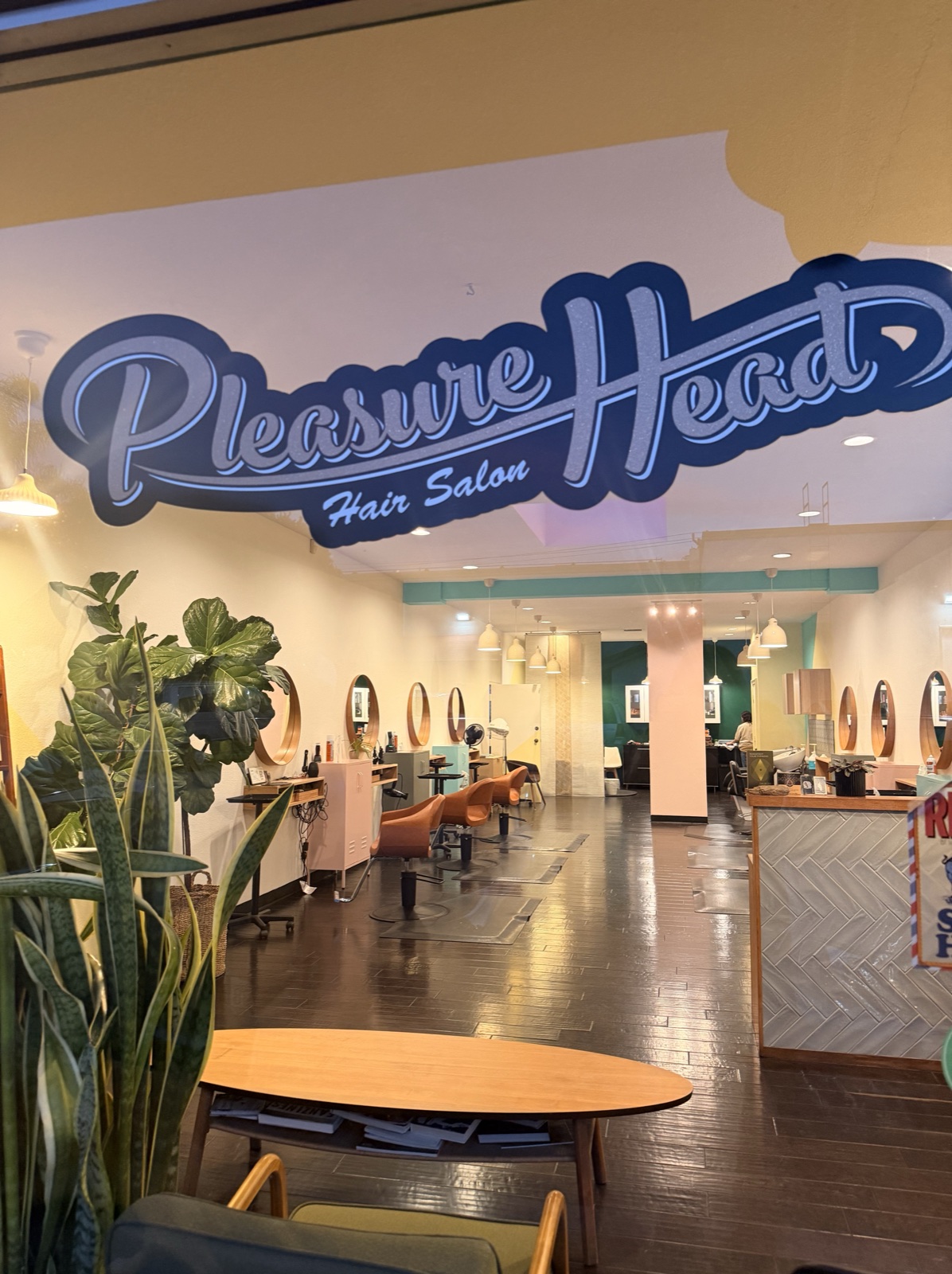 The Pleasure Head window on Seabright Ave — the script sign over the salon floor